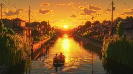 Fototapeta premium Sunset Canal Scene with Two People in Rowboat Japan