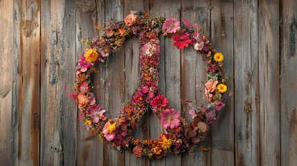 Colorful Floral Peace Sign on Rustic Wood Background