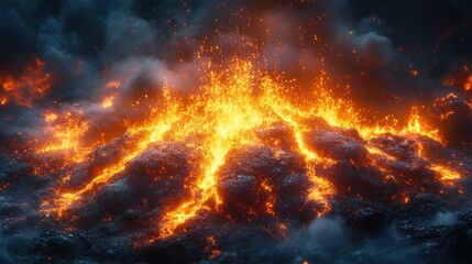 Fototapeta premium A fiery eruption of lava and smoke against a dark background.