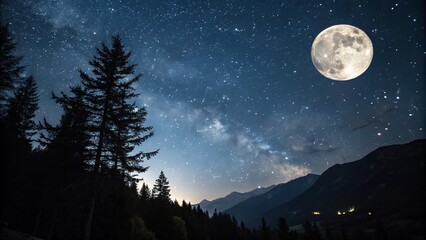 Fototapeta premium Dark sky with multiple stars twinkling against a bright full moon, night sky, darkness, astronomy