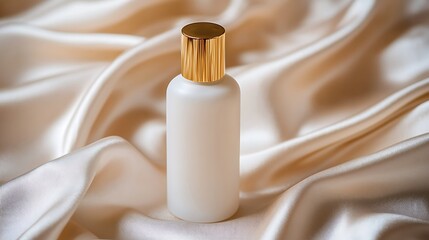 White Bottle with Gold Cap on Cream Silk Fabric