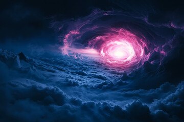 A dramatic and surreal scene with a large, swirling vortex of pink and purple hues at the center, surrounded by dark clouds and a night sky