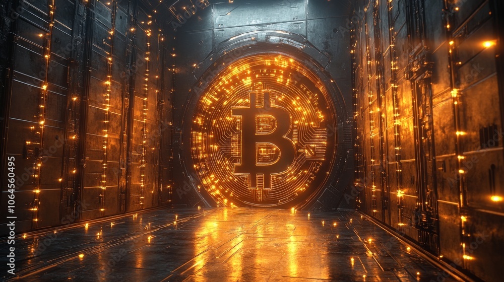 Aufkleber The vault showcases a large, luminous Bitcoin symbol surrounded by dynamic, sparkling lights. The environment feels high-tech and modern, creating a sense of intrigue and innovation.