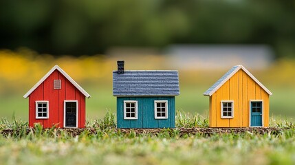 Three colorful miniature houses sit on green grass, showcasing vibrant designs in red, blue, and yellow against a blurred background.