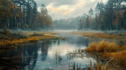 Serene Forest Lake with Fog and Reflections