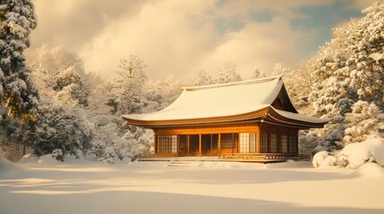 Japanese Pagoda in Snowy Winter Forest Landscape