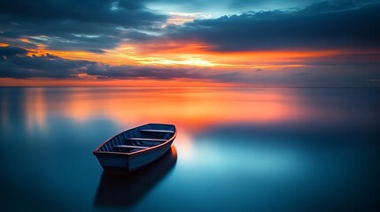 A lone boat on a calm ocean, drifting into an endless horizon, symbolizing lifes journey and freedom. Pastel sunset.