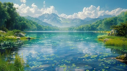 Serene Mountain Lake with Lily Pads - Nature Photography