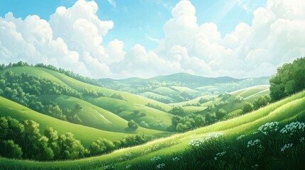 Fototapeta premium Rolling green hills with soft slopes and a bright sky above, perfect for an open, airy scene