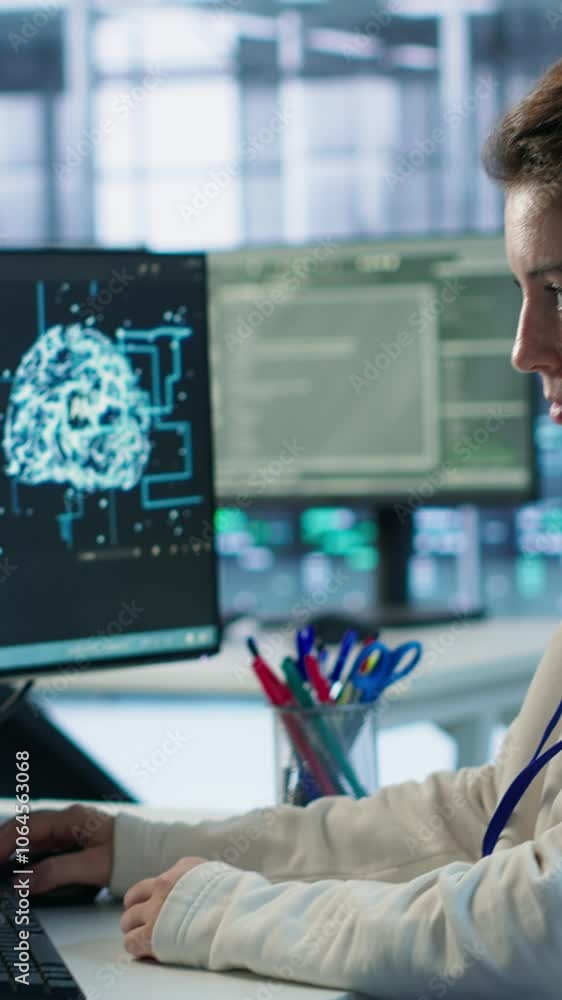 Poster developer listening music while programming in ai data center used for machine learning training. it