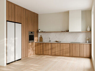 Minimalist kitchen design with wood and marble accents. 3d render.