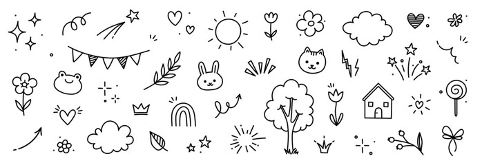 Cute kid icon element line flower, cloud, heart background. Hand drawn doodle cute cartoon scribble element set. Flower, heart, cloud children elements background. Vector illustration