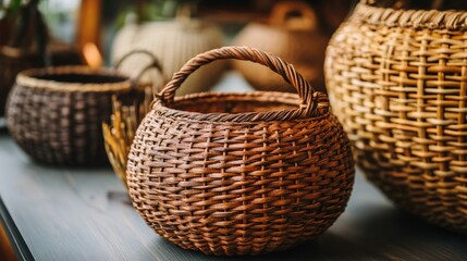 Obraz premium Rustic Wicker Basket with Handle Close up Handmade Natural Woven Storage