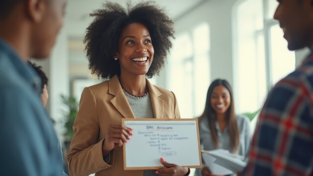 A Smiling Woman Proudly Holds a Certificate While Surrounded by Colleagues in a Bright, Modern Office Setting - Powered by Adobe