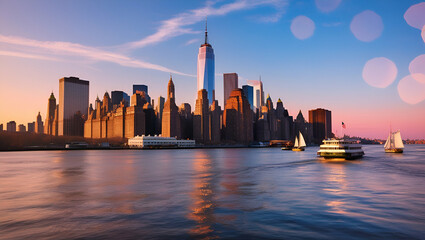 Obraz premium A warm, golden light of sunset casts a gentle glow on the majestic Manhattan skyline, with iconic skyscrapers and bustling streets, as seen from across the river, with the subtle bokeh effect adding a