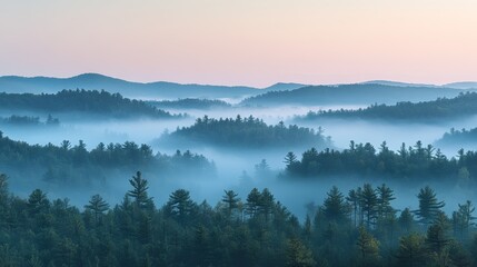 Misty Mountain Forest Landscape at Sunrise with Blue Sky and Clouds