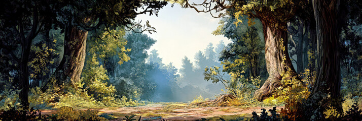 Vintage postcard. Serene woodland landscape celebrating International Forest Day. Horizontal banner. Copy space.