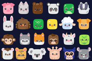 Obraz premium Cute animal square faces. Cartoon characters heads for game design. Kawaii vector pets icon set. Avatar of pig monkey panda and dog. Flat illustrations on dark background