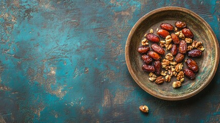Fototapeta premium Assorted Nuts and Dried Fruits on Rustic Background