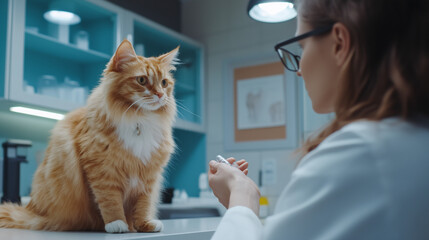 Veterinarian examining ginger cat in a modern clinic