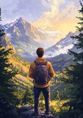 Naklejka premium A man is standing on a mountain top with a backpack on