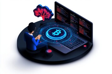 A person with a laptop analyzing data on a decentralized network dashboard, symbolizing transparency and access to all