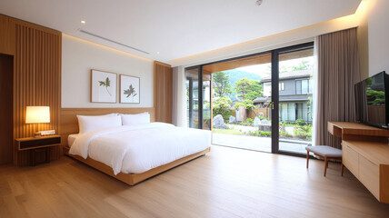 Modern bedroom with serene ambiance, perfect for relaxation and recharging