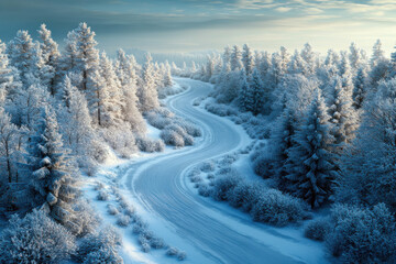 Fototapeta premium A winding river surrounded by snow-covered trees in a serene winter landscape at dawn