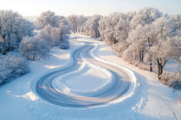 Fototapeta premium Snowy winding road through a forested area in winter with frosty trees and vibrant sunlight