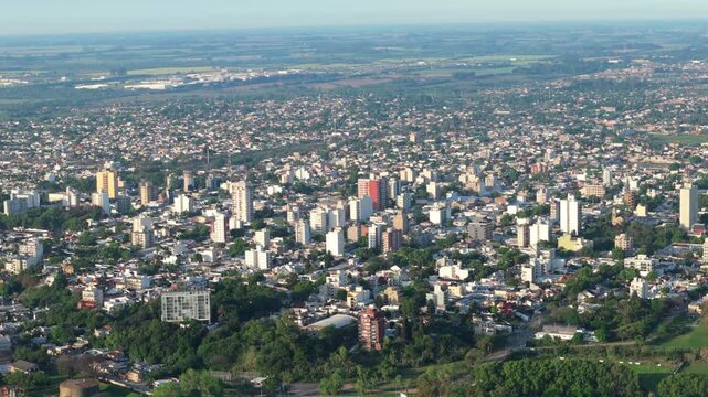 Wide aerial view of the small town of Zarate in the province of Buenos Aires. Argentina. 4k.