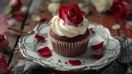 Exquisite cupcake with roses a single dessert with icing and dainty rose petals