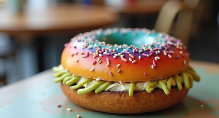 Vibrant rainbow donut with colorful sprinkles