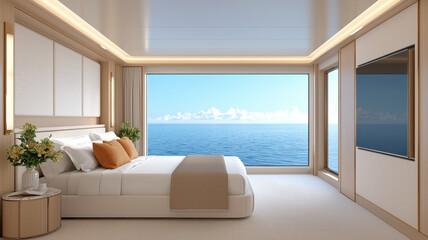 Fototapeta premium Elegant bedroom with clean bedding and stunning ocean view, promoting relaxation and healthy