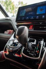Close up view of a gear lever shift. auto gearbox.