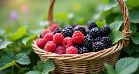 Basket of fresh raspberries and blackberries