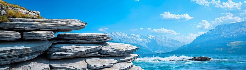 Rock formations shaped by centuries of erosion along a wild coastline, with waves crashing below under the bright midday sun, showcasing nature s artistry