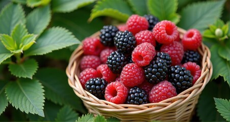 Basket of fresh raspberries and blackberries