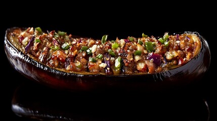 Stuffed eggplant with meat and vegetables, close up.
