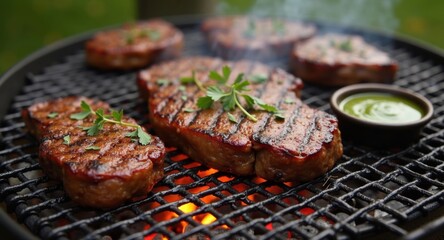 Grilled steaks garnished with herbs.
