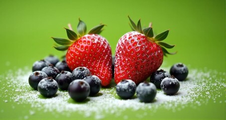 Fresh strawberries and blueberries on green background