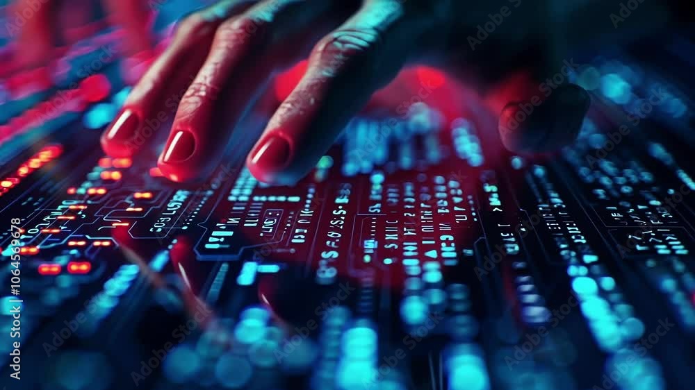 Poster hacker works late at night breaking passwords and stealing data using a futuristic device in a dark 