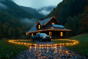 Obraz premium Dark, moody scene of a rustic farmhouse lit by solar-powered lights, symbolizing hope and resilience in rural energy solutions