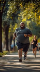 A fat black man working out, a fit jogger strolling through a metropolitan park.