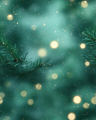 Close up of pine branches with glowing bokeh lights, festive winter ambiance green holiday background
