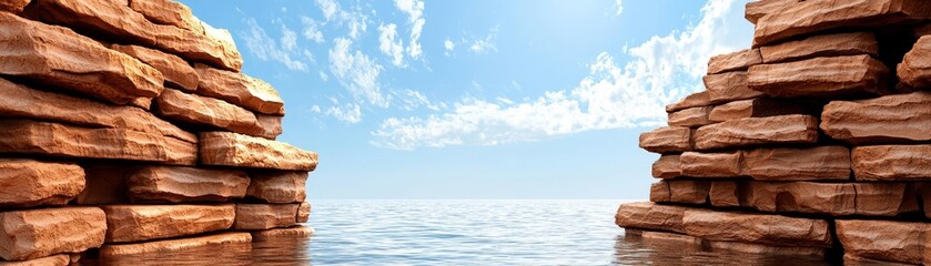 Obraz premium Tall cliffs plunging into the ocean with vivid sunlight illuminating each layer, evoking a feeling of endless horizons and natural grandeur