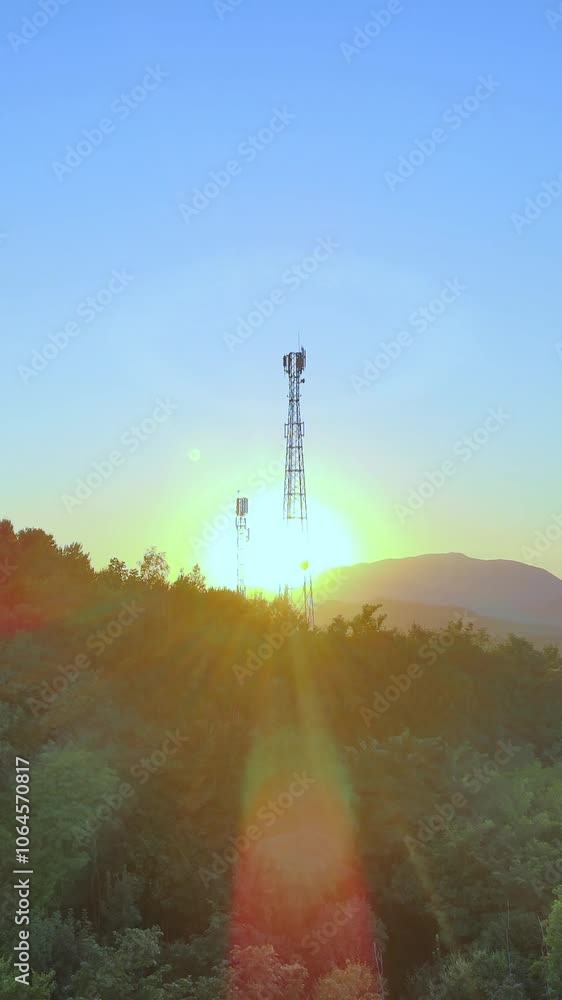 Poster 5g radio signal radiation from infrastructure telecom tower. 3d animation. vertical 9:16 video orien