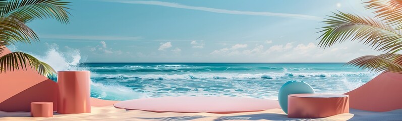 Obraz premium 3d podium on yellow color and tropical beach with blue sky white clouds and palm leaves abstract background. Copy space of product presentation and summer nature concept