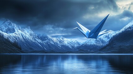 Blue Origami Crane Soaring Over Snowy Mountains