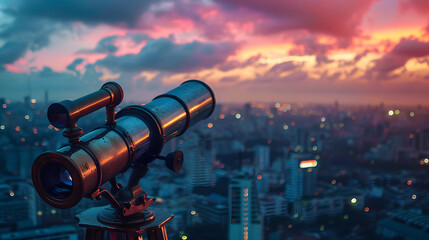 vintage telescope overlooking a city skyline at dusk representing future financial outlooks