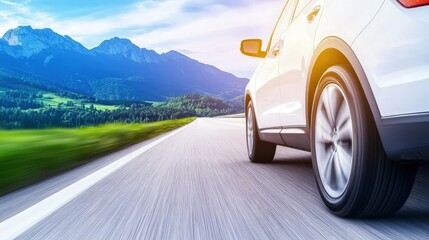 Fototapeta premium Scenic Drive Through Majestic Mountains with a Modern Car